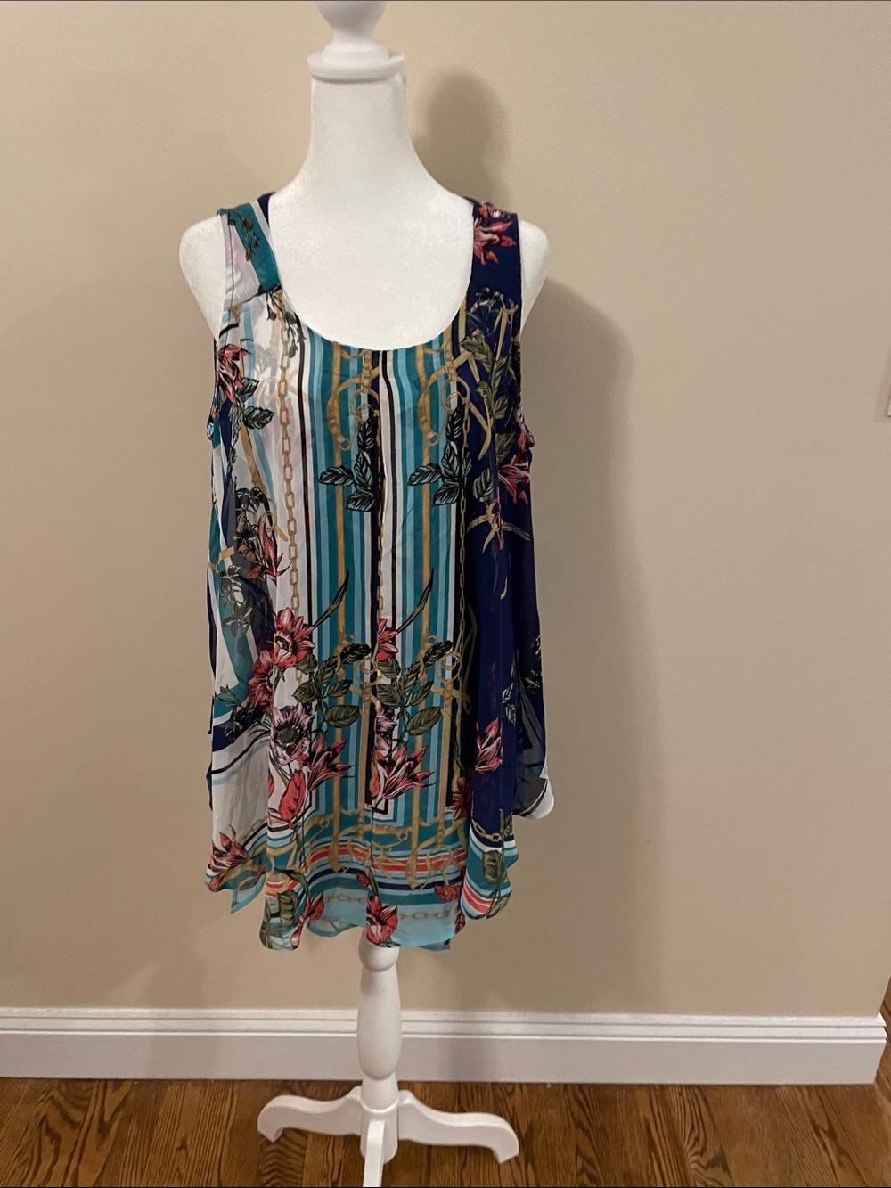 Roz & Ali Floral Stripe Sleeveless Tank in Teal, Navy & Pink